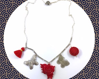 Statement lucky red silver butterfly flower statement necklace LAST ONE