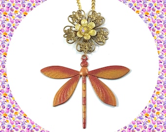 Dragonfly floral red gold ombre pendant necklace LAST ONE