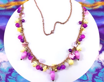 Vintage fun candy purple yellow copper beaded charm long necklace LAST ONE