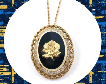 Vintage golden rose crystal black brooch pendant necklace LAST ONE