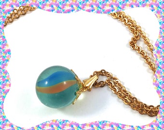 Vintage style primary colour cats eye glass marble golden aged link chain necklace