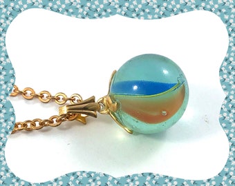 Vintage style primary colour cats eye glass marble golden aged link chain necklace