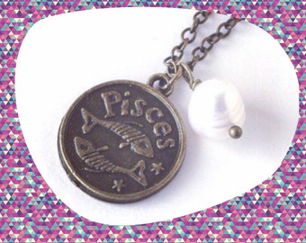 Pisces astrology zodiac star sign charm and white pearl antique bronze necklace