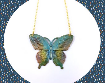 Multicolour colourful blue iridized butterfly pendant gold plated necklace LAST ONE
