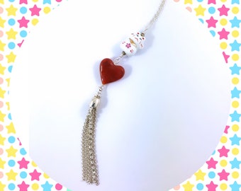 Lucky cat red heart white crystal chain tassel silver plated necklace LAST ONE