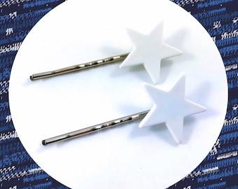 Vintage pure white five pointed pentagram star bobby pin duo