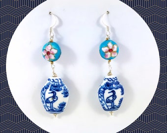 Oriental blue cloisonne floral crane vase urn bead dangle earrings LAST ONE