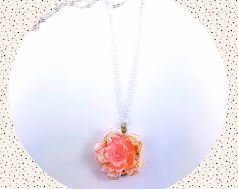 Vintage iridescent candy pink flower pendant silver plated necklace LAST ONE