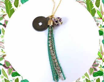 Chinese coin purple crystal teal green chain tassel gold pendant necklace