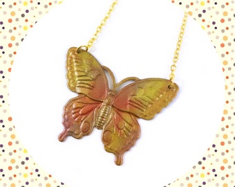 Multicolour colourful red iridized butterfly pendant gold plated necklace LAST ONE