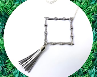 Bamboo gunmetal square frame vegan leather silver tassel pendant necklace