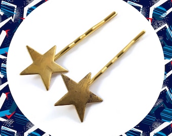 Vintage aged golden brass five pointed pentagon star bobby pin duo