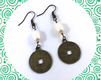 Chinese coin white pearl antique bronze dangle earrings