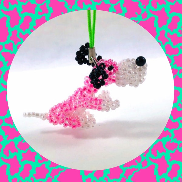 Cute beaded pink bloodhound dog puppy key ring bag phone charm fob