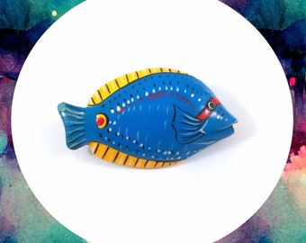 Vintage hand painted wooden blue tropical fish pin brooch