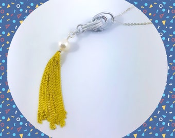 Vintage mod white pearl yellow chain tassel silver plated necklace LAST ONE