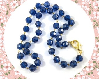 Vintage faceted sapphire blue beaded rosary necklace
