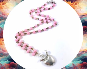 Vintage silver delicious apple pink Czech glass beaded necklace LAST ONE