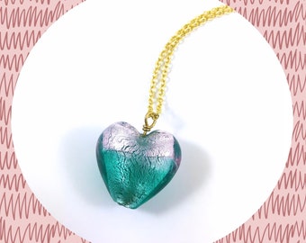 Venetian glass light pink teal green puffy heart pendant gold plated necklace