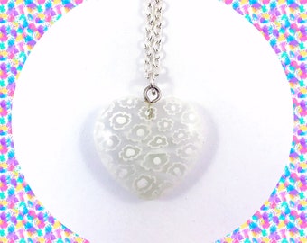 Love heart white clear millefiori glass pendant silver plated necklace