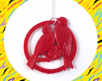 Vintage retro red round love birds pendant silver plated necklace LAST ONE