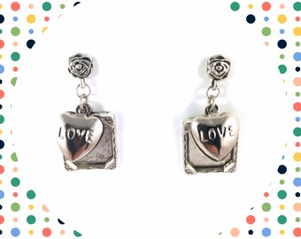 Love heart photo frame rose aged silver dangle earrings LAST ONE