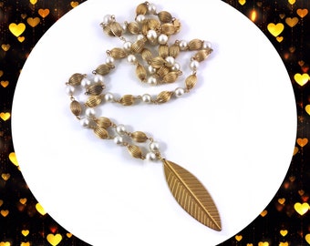 Vintage golden brass leaf pendant golden white pearl long beaded necklace