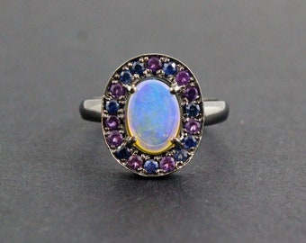 Australian jelly opal with amethyst and blue sapphire halo in oxidized black gold ring Size 6.5 US