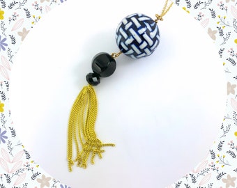 Large woven ceramic bead black onyx yellow chain tassel silver plated necklace LAST ONE