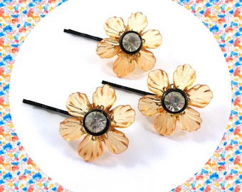 Vintage flower orange black crystal bobby pin trio LAST ONE