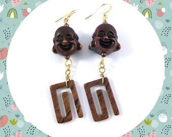 Vintage Wooden laughing Buddha geometric dangle earrings