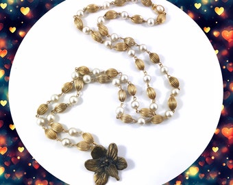 Vintage antique bronze orchid flower pendant golden white pearl long beaded necklace LAST ONE