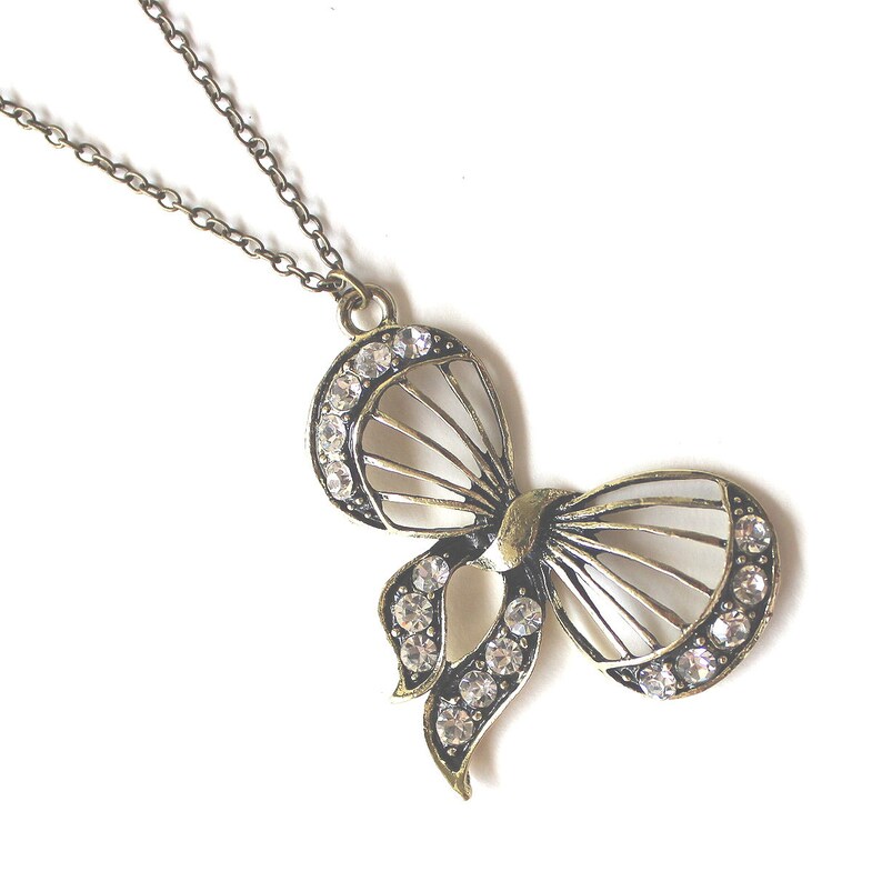 Bow Ribbon Pendant With Clear Crystals Necklace LAST ONE Etsy Australia