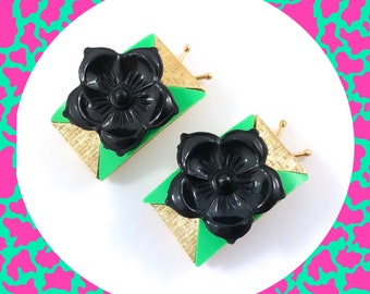 Vintage green gold geometric black flower hair clip duo LAST ONE