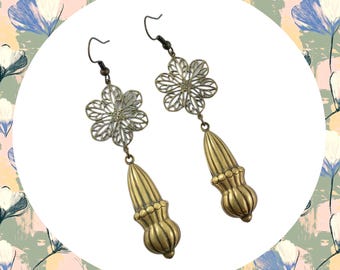Aged bronze filigree flower drop statement dangle earrings LAST ONE