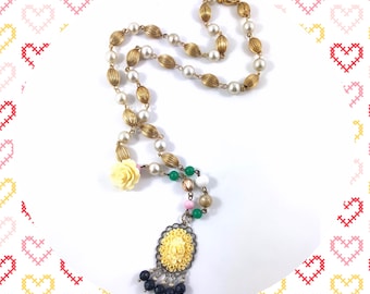 Vintage eclectic floral pendant beaded necklace LAST ONE