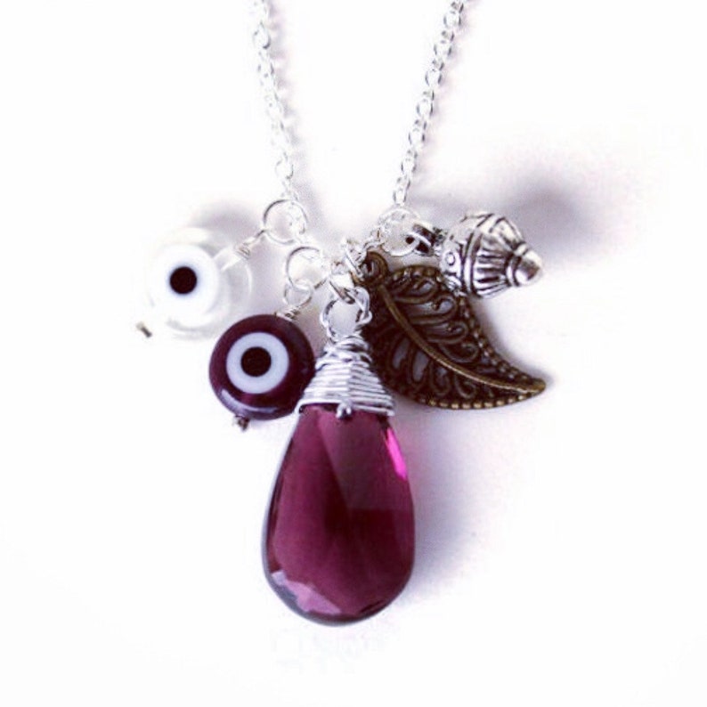 Silver ornate drop filigree leaf amethyst purple drop charm necklace LAST ONE