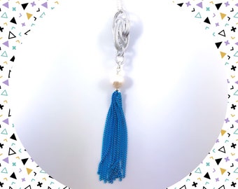 Vintage mod white pearl blue chain tassel silver plated necklace LAST ONE