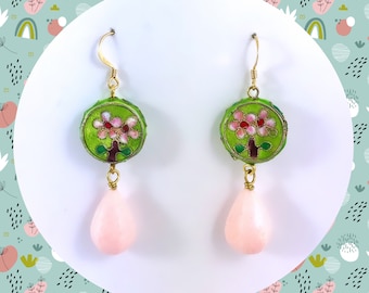 Green flower floral cloisonné pink coral drop golden dangle earrings LAST ONE