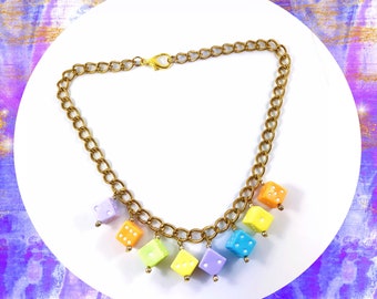 Vintage multicolour dice aged golden chunky statement necklace LAST ONE
