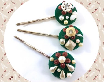 Vintage floral embellished copper white dark green bobby pin trio LAST ONE