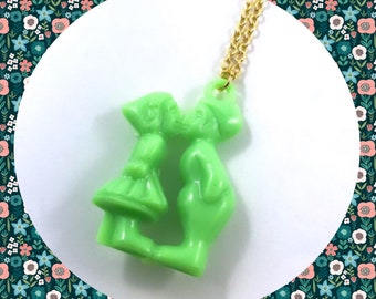 Vintage green kissing kids children plastic gumball prize pendant necklace LAST ONE