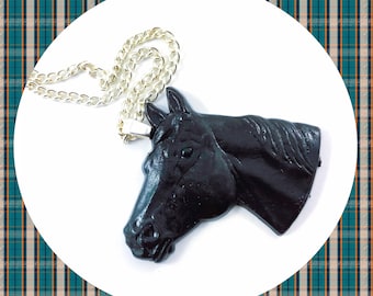 Vintage black horse head pendant silver necklace