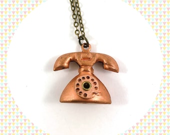 Vintage copper old fashioned phone pendant antique bronze necklace