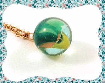 Vintage style green yellow red cats eye glass marble golden aged link chain necklace