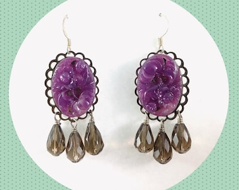Vintage purple marble smokey stone floral pendant dangle earrings LAST ONE