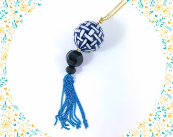 Large woven ceramic bead black onyx blue chain tassel silver plated necklace