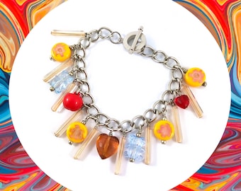 Vintage style tutti fruity fruit salad heart yellow colourful charm silver chunky bracelet LAST ONE