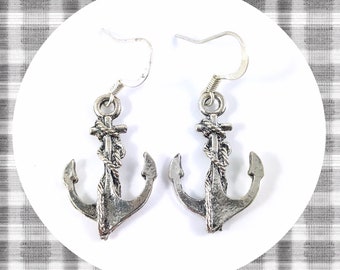 Aged silver anchor dangle earrings