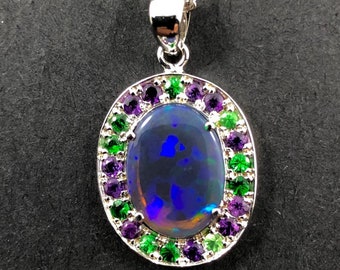 Australian jelly opal green Tsavorite garnet and amethyst irregular gradient halo white gold pendant necklace